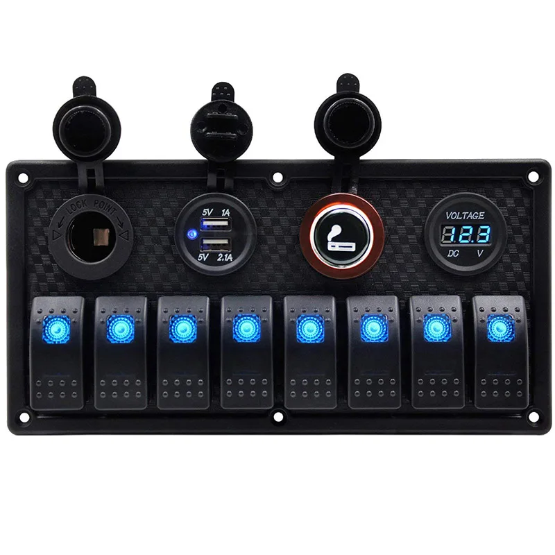 

Waterproof Marine Boat 8 gang Rocker Switch Panel with Dual USB charger + Cigarette Lighter +voltmeter