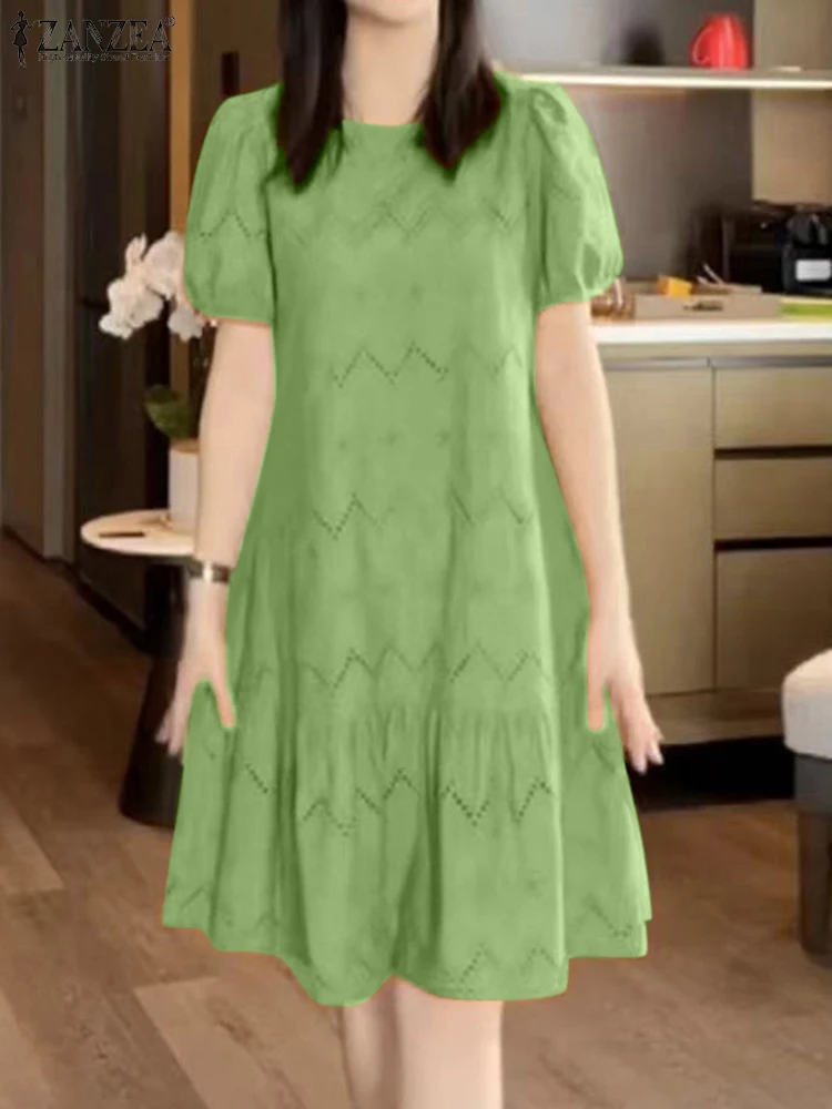 ZANZEA Damen-Kleid mit durchbrochenem Stickerei, 2022, Sommer, O-Ausschnitt, kurze Puffärmel, Patchwork, einfarbig, knielang, Kleider, 4 Farben