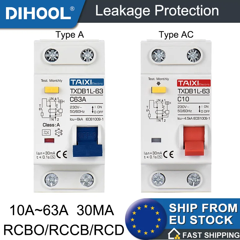 Rcd tipo a Rcbo Disjuntor de Corrente Residual 230v ac 10a para 63amp Proteção contra Vazamento de Terra contra Sobrecarga Viagem Térmica-magnética