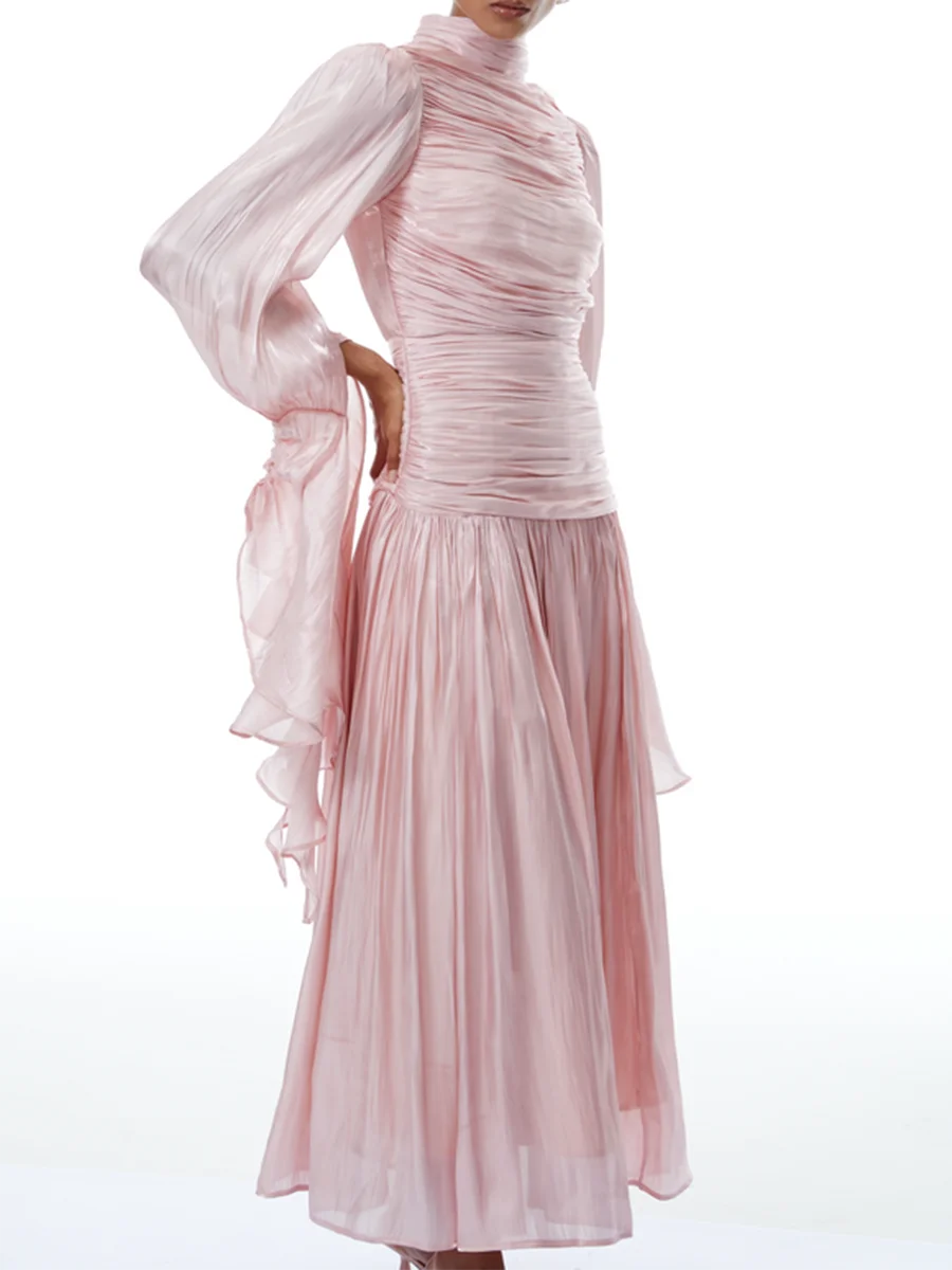 Back profile of Spliced Folds Elegant Ruffles Dress plus size women wear