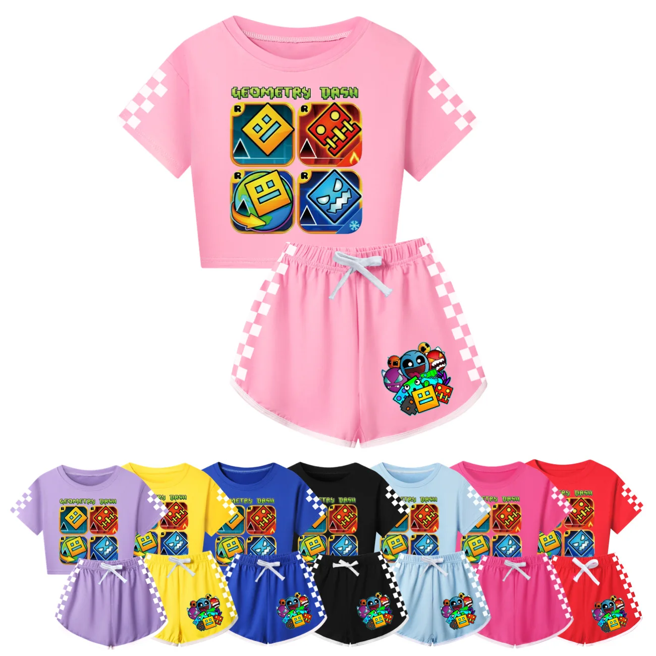 

New Game Geometry Dash Clothes Kids Summer Clothing Girls Short Sleeve T-shirts Shorts Tracksuit Set for Running Gym Dance