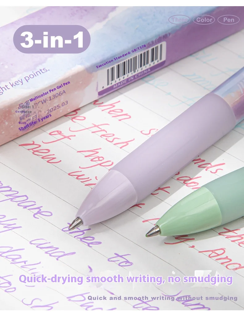 3-in-1-Multifunktionsstift, 0,5 mm, dreifarbig, schnell trocknend, Kugelschreiber, 1 Sek. Farbwechsel, effizientes Studium, Büro, Rundumwerkzeuge – Detail 5