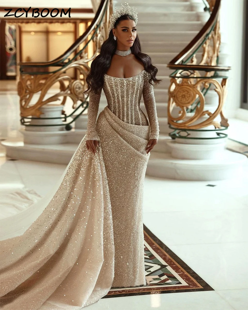 

Saudi Dubai Glitter Mermaid Off Shoulder Formal Evening Dress 2024 Long Sleeves Sparkly Sequin Women Celebration Party Prom Gown