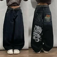 2024 New Harajuku Retro Dragon Print Jeans Y2K Street Hip Hop Fashion Women’s Straight Wide Leg Pants Punk Rock Casual Trousers 1