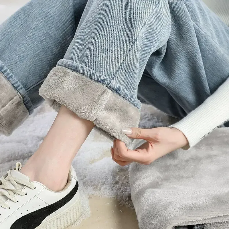  Warm High-Waisted Slimming Wide-Leg Jeans Women's Loose-Fit Autumn/Winter New Fleece-Lined And Thickened Straight-Leg Trousers 