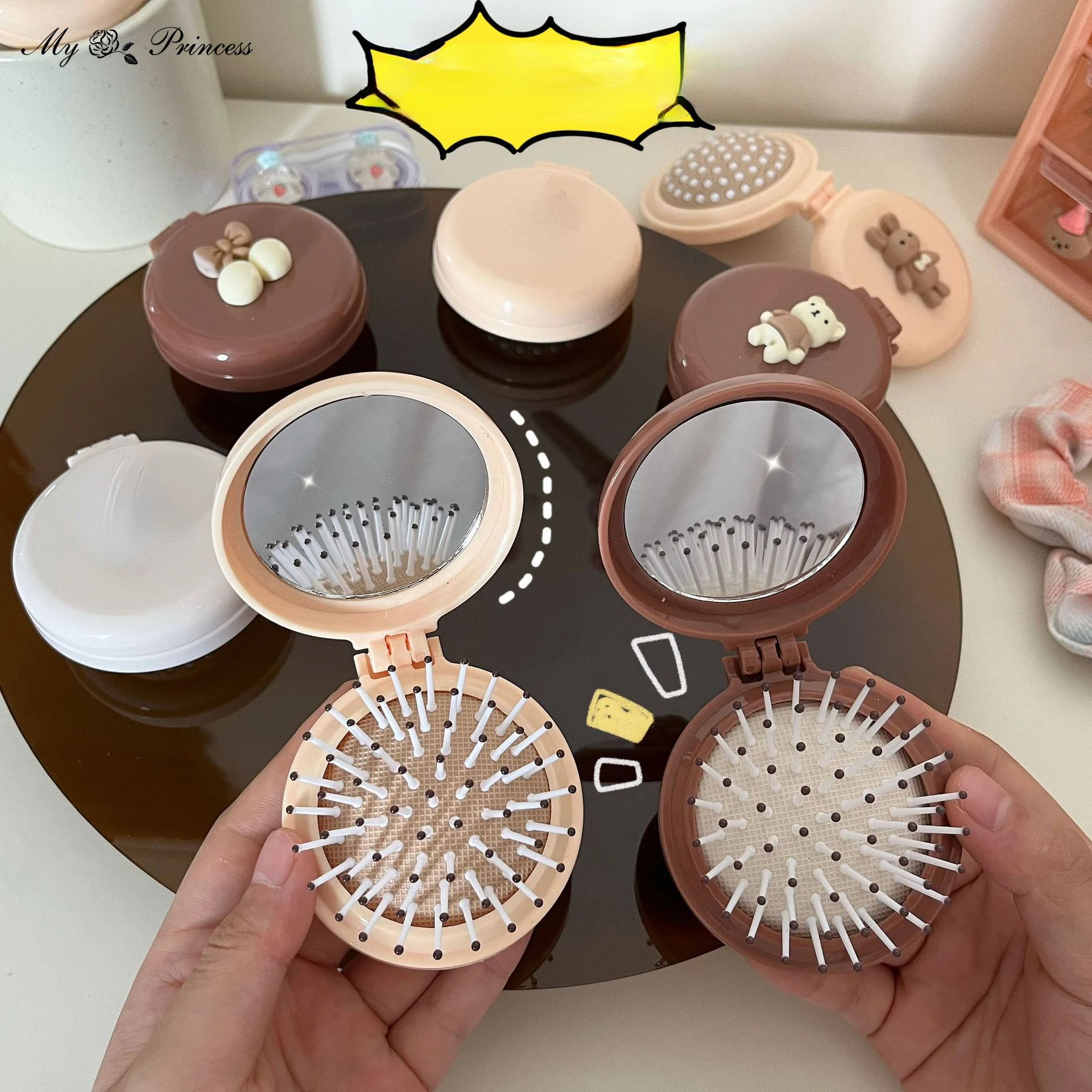 

Cute Kid Hair Brushes Mini Lovely Cartoon Bear Hair Combs with Mirror for Children Girl Small Portable Massage Comb Hair Rope