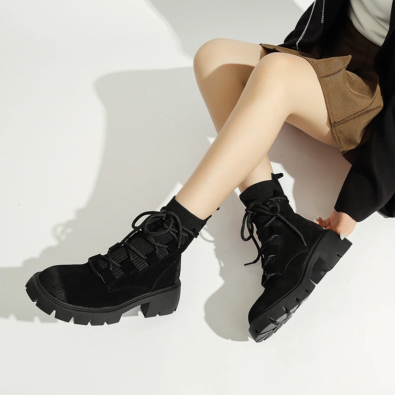Women Boots Rubber Short Ankle Female Shoes for Women Winter Platform Thick Boots 2023 New Round Toe Cross-Tied Black Boots New