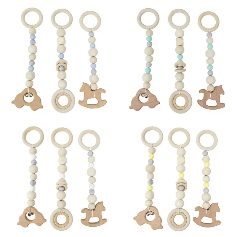 

3 Pcs/set Nordic Baby Gym Pendants Wood Rattle Ring Teether Chewable Sensory Nursery Wood Ring-pull Toy