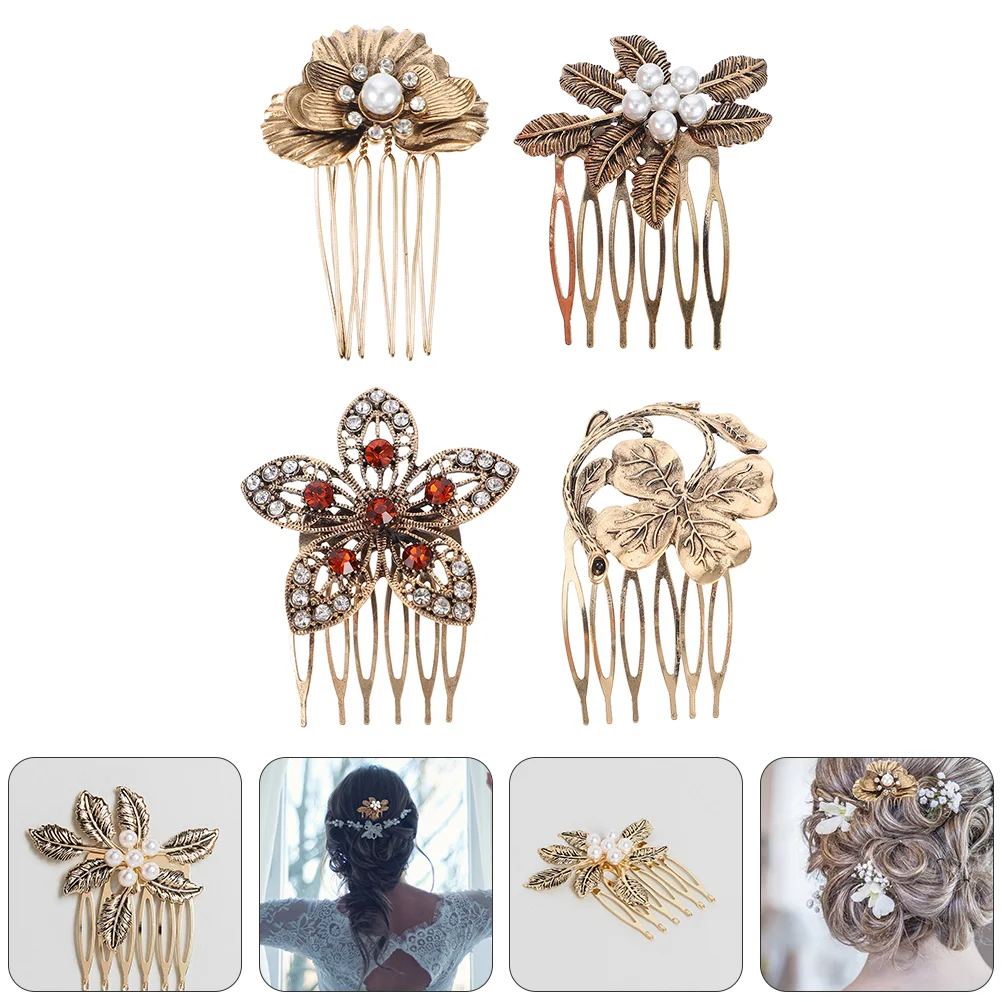 

4 Pcs Vintage Hairpin Bride Decor Bridal Comb Zinc Alloy Leaf Pearl Accessories