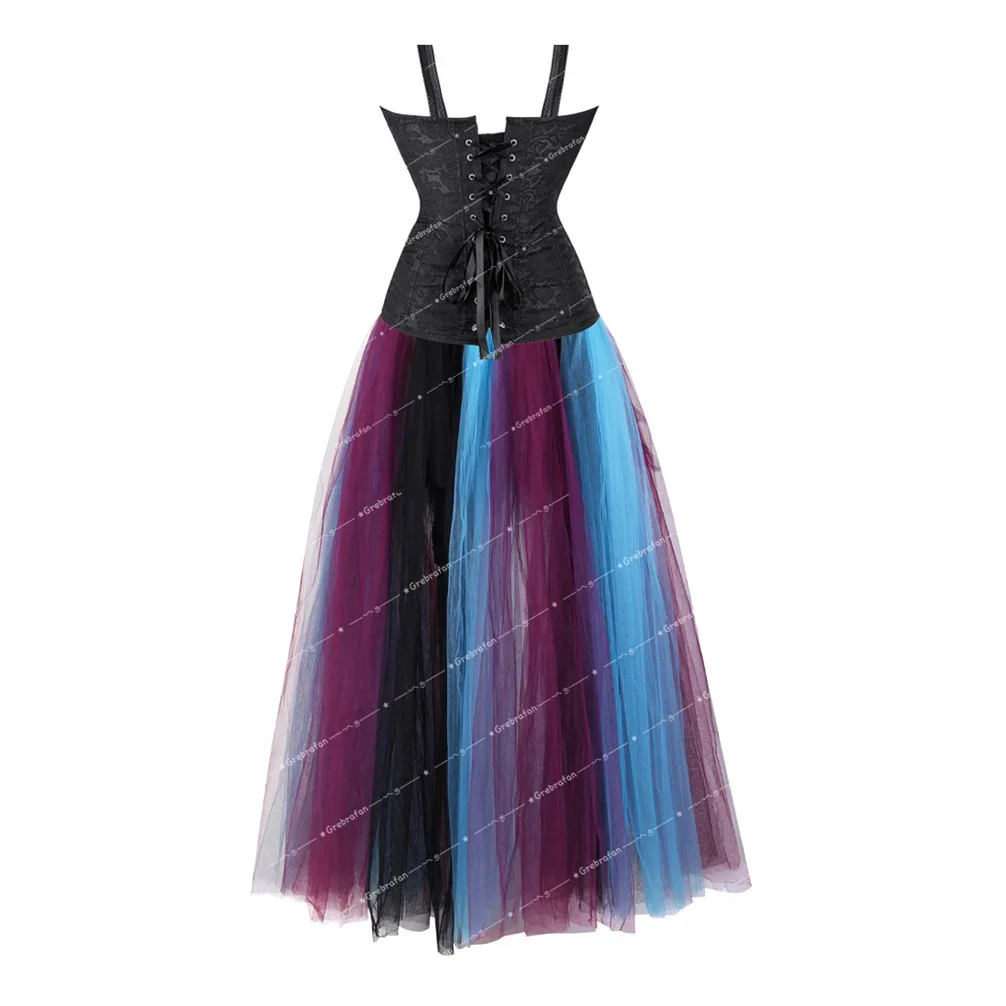 Women's Corset Steampunk Bustier Satin Floral Lace Up Corsets with Long Tulle Skirt Sexy Bachelorette Party Costume Plus Size