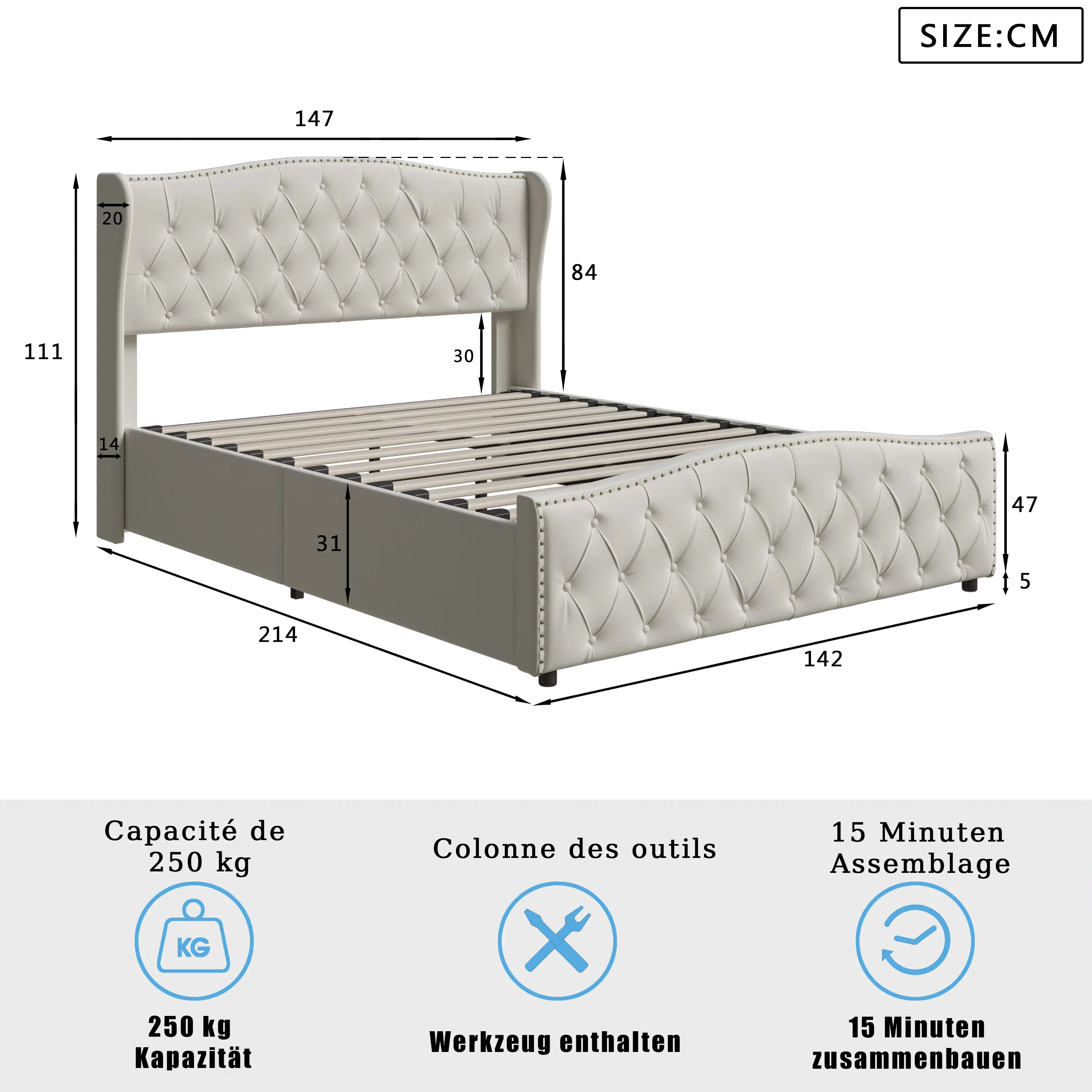 Rosahqnda hydraulisches Bett im modernen Stil, Stylvolles Doppelbett für Jugendliche, Kinder und Erwachsene, ohne Matratze – Detail 4