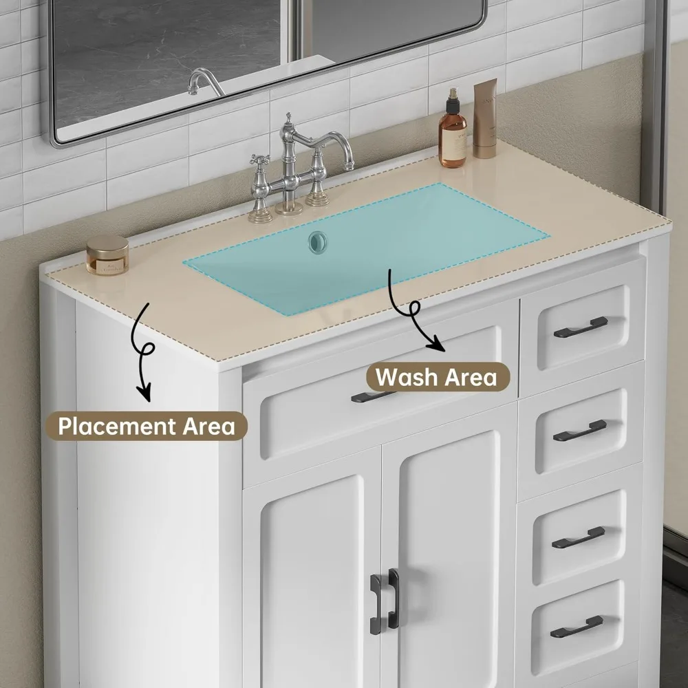 36 Inch White Modern Bathroom Sink with Sink, Storage Cabinet with 3 Drawers, Independent Bathroom Sink 6