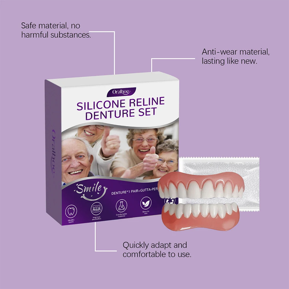Silicone Reline Denture Set Wear-Resistant Soft Dentures False Teeth Non-Toxic Teeth Upper and Lower Set for Men Women