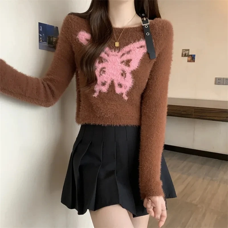 

Fashion Bottom Shirt Women Warm Tops Print Pullover Sweater Butterfly Gentle Elegant College Style