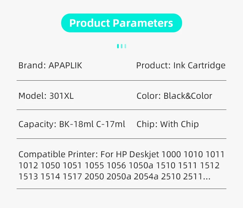 Description Picture 3 of itemAPAPLIK 2Set 301 XL Ink Cartridges For HP 301XL For HP Deskjet 2540 2541 2542 2543 2544 2546 1000 1010 1011 Envy 5530 Printers