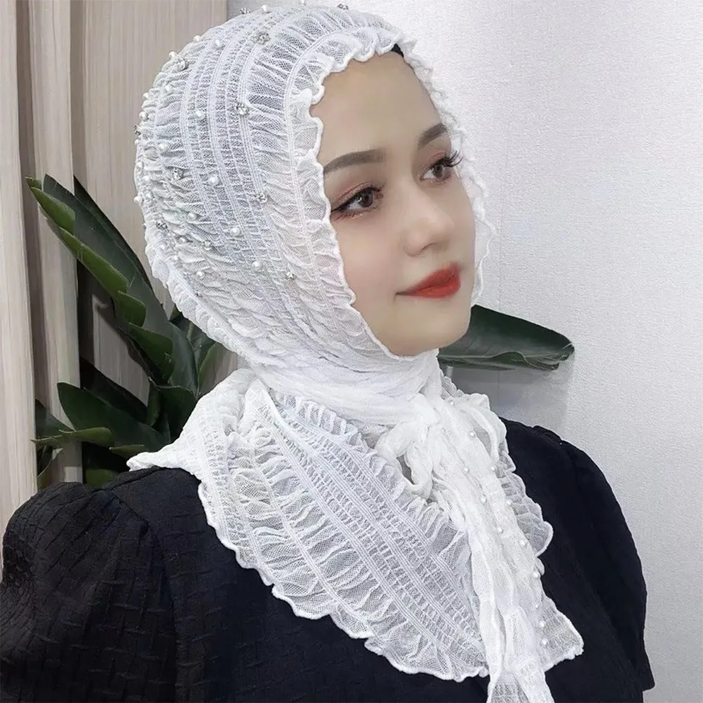 〖2023 New〗Urban fashion Instant Shawl Muslim Voile Hijab Elastic Turban Pearl Ornament  Islam Headscarf for Girl Femme