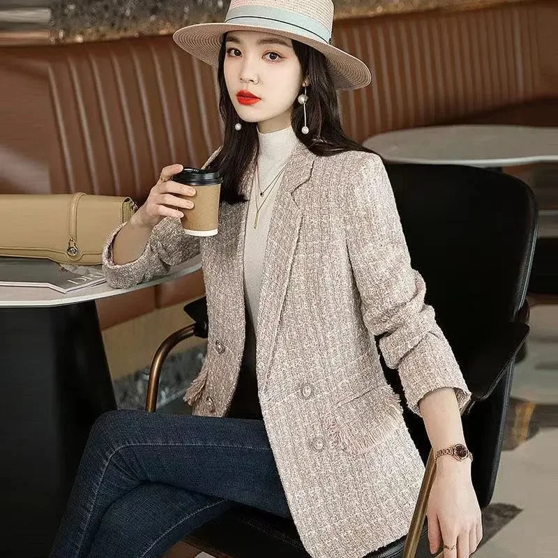 

Pink Small Fragrance Coat Female Spring Autumn 2023 Autumn New Everything Tweed Suit Plaid Small man Leisure Suit Solid Color XF