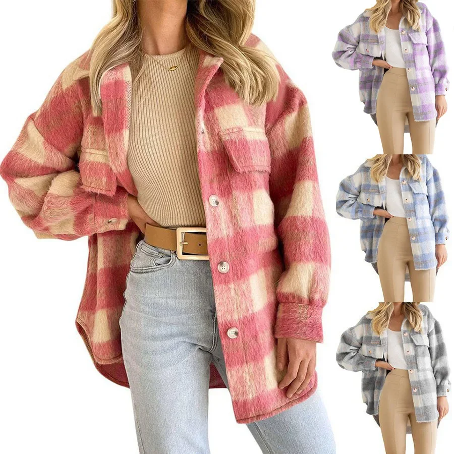 2023 Autumn And Winter New Women's Plaid Mohair Woolen Thick Coat Fashion Warm Shirt Coat