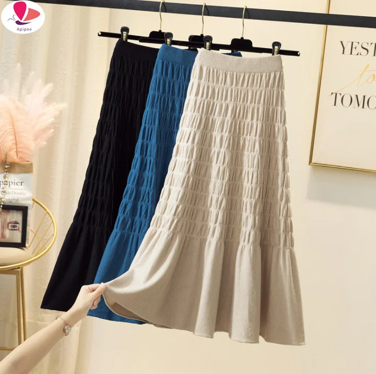 

High Waist Knitted Skirt for Women 2023 Autumn Winter New Casual Solid A Line Pleated Mid-length Skirt Female Ladies