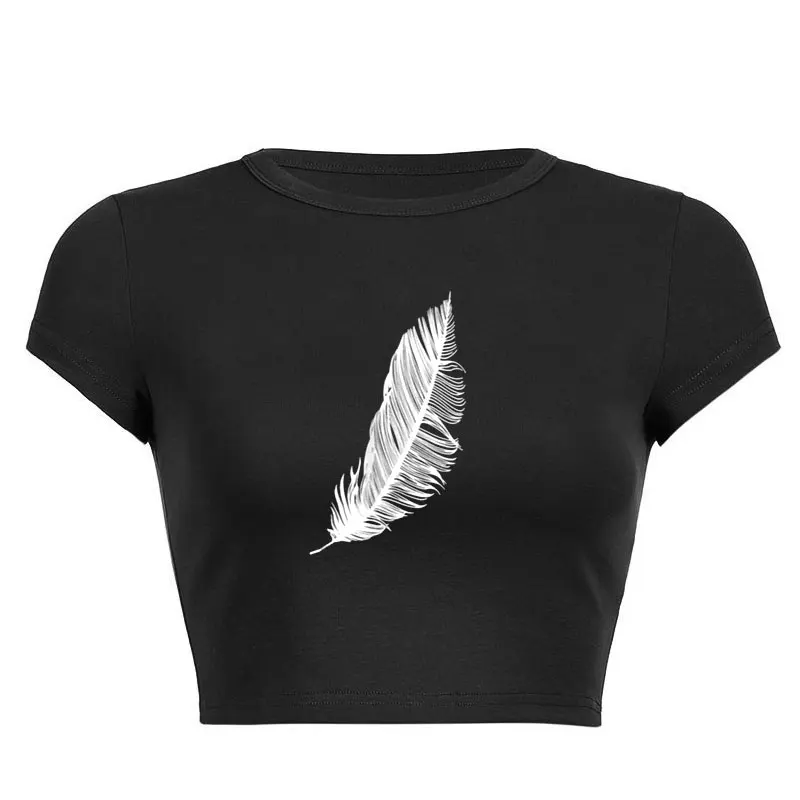

Women Casual Harajuku T-shirt Feather Print Short Sleeve O Neck Solid Color Cropped Navel Women Crop Tops Fashion T-Shirts