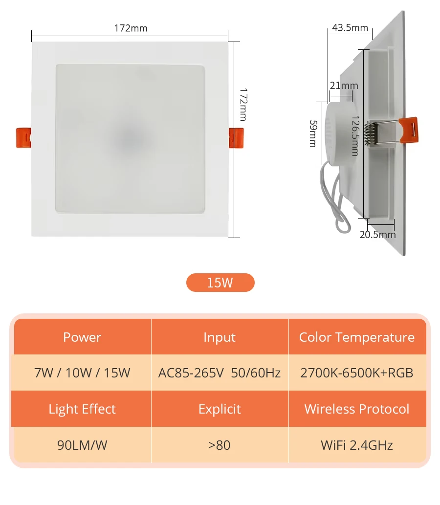 WiFi 7w 10w 15w Led Smart Downlight RGBW Recessed Ceiling Light with Square Pane