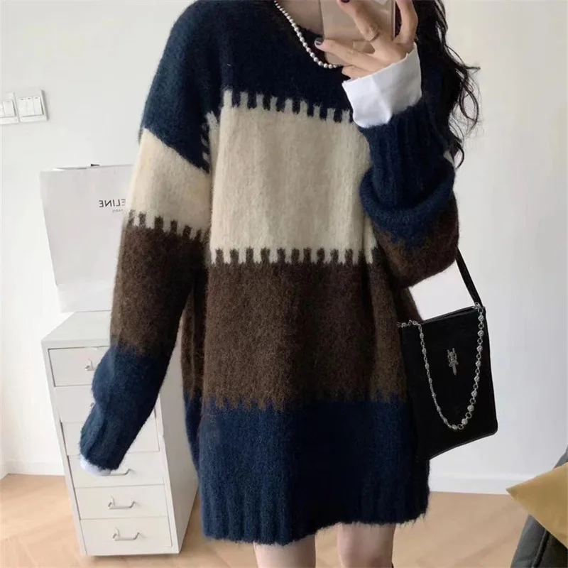 

Contrast Color Wide Sweater Women's Autumn and Winter New Fashionable and Lazy Style Pullover Knitwear Women's Top Fashion