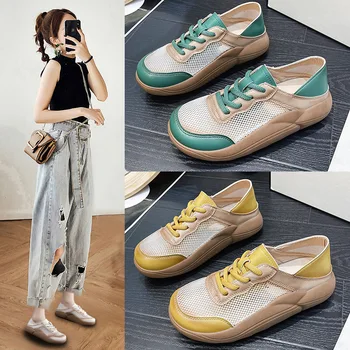 2022 Summer New Fashion Retro Hollow Women Increase Round Toe Lace Up Breathable Casual Shoes Mesh Casual Ladies Slippers 1