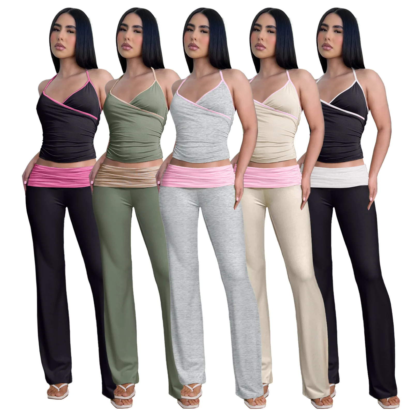 Spring Summer Fashion Slim Fit Wrinkle Two Piece Set Solid Color Pleated Bandage  Halter Crop Tops+Flare Pants Set Women Outfits