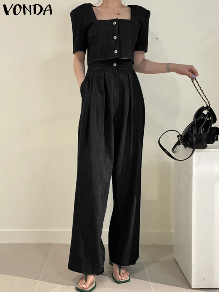 

Women VONDA 2023 Fashion Summer Sets Matching Sets Solid Pant Sets Casual Crop Tops Short Sleeve Tops Party Wide Leg Trousers