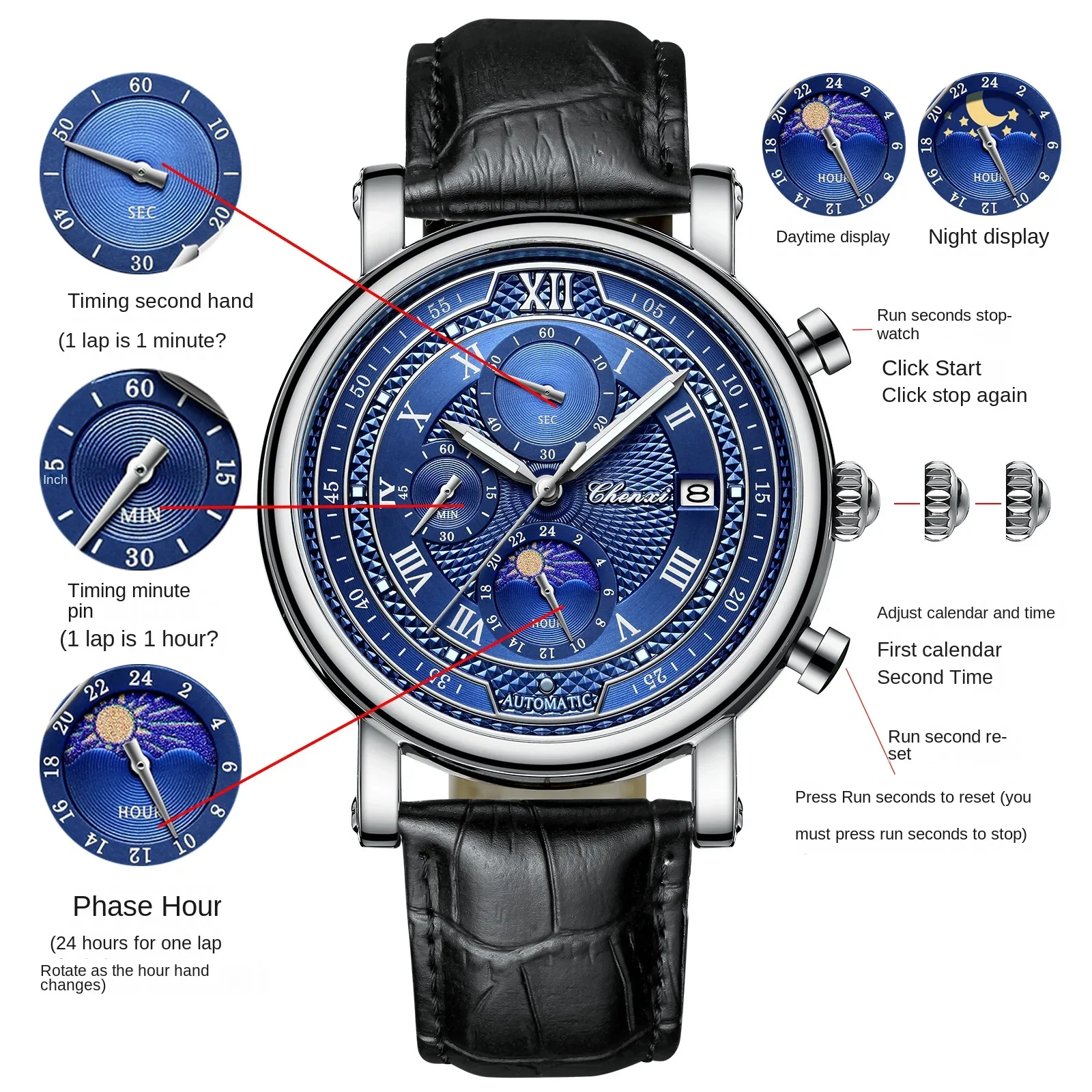 CHENXI Luxury Men Quartz Watch Sports Waterproof Chronograph Luminous Date Men’s Wrist Watch Business Leather Watches Clock