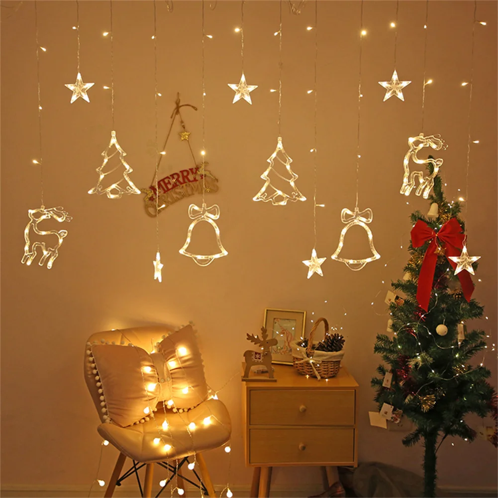 

Christmas Curtain Lights Coloful Jingle Bell Star Xmas Tree Window String Lights For Christmas Wedding Party Decoration