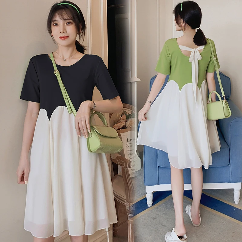 

Pregnant Women Chiffon Dress Summer Short Sleeve O-Neck Block Color Patchwork Maternity Mini Dress Loose Pregnancy A-Line Dress