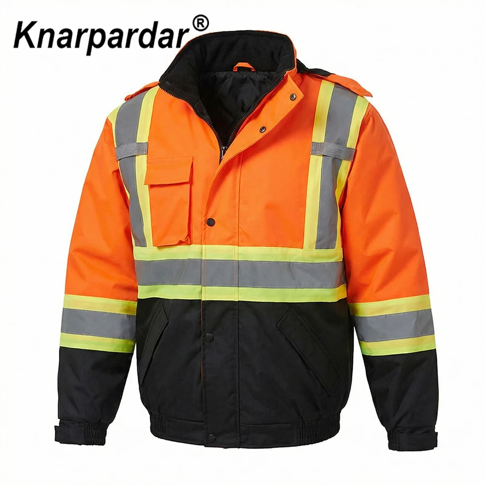 남성용 고시인성 블랙 겨울 봄버 재킷 방수 고시인성 오렌지 블랙 보온 코트 작업복 건설 현장/창고 직원용