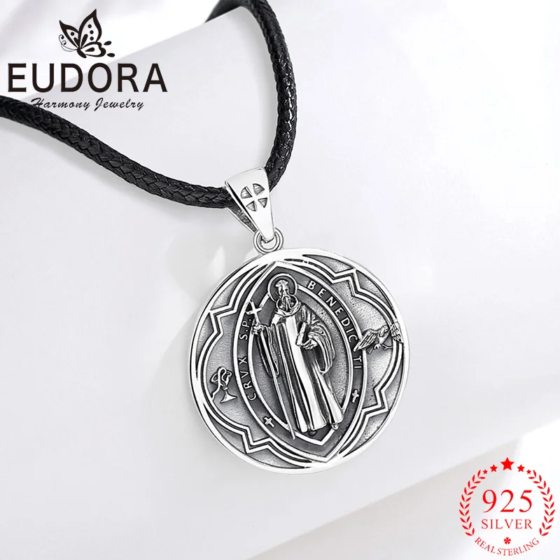 Eudora 925 Sterling Silver Saint Benedict Necklace Vintage Cross Amulet Religious Pendant Personality Jewelry for Men Women