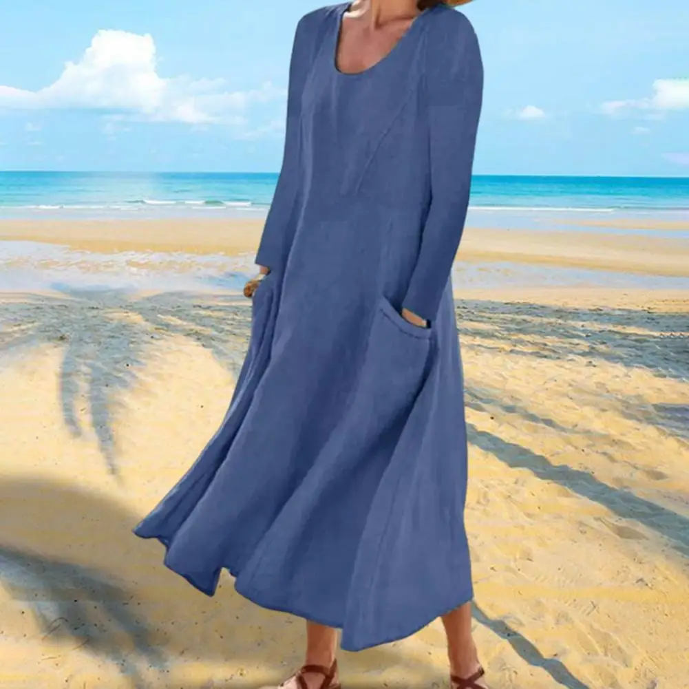 

Women Dress O-Neck Long Sleeve Two Pockets Loose Waist A-Line Retro Large Hem Solid Color Loose Autumn Dress Female Clothing