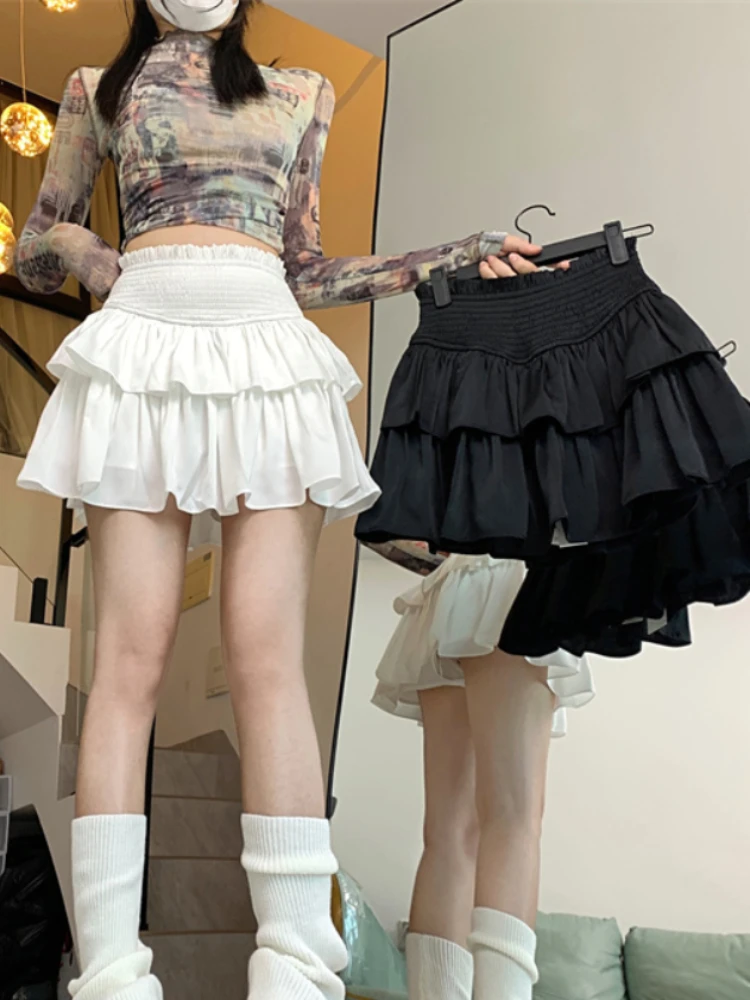 ADAgirl White A-line Pleated Skirt Women Ruffles High Waisted Elastic Lolita Skirt Kawaii Mini Shorts Dress Cutecore Korean Ins