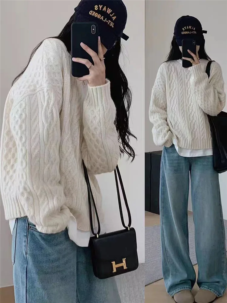 Korean Fashion O-Neck Sweater Women's 2024 Autumn/Winter New Round Neck Pullover 100% Wool Cashmere Knit Sweater Loose Warm Tops 4