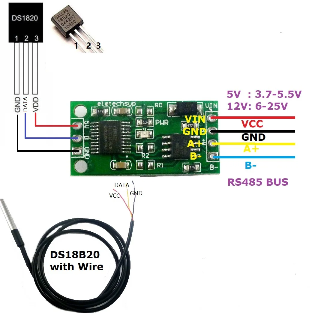 5x R46CA01 Modbus Temperature Acquisition Sensor DS18B20 RS485 Serial Protocol Board 3.7V 5V 6V 9V 12V 24V Modbus