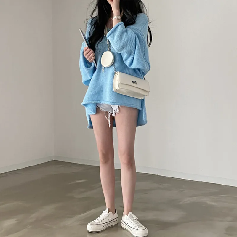 2025 Autumn Loose Women Knitted Tops Winter Y2K Sweater Elegant Casual Solid Knitwear Fashion New Blue Pullover Clothing