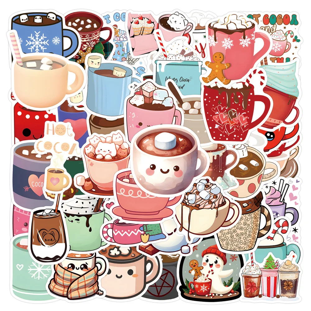 Coffee Hot Cocoa Stickers 55pcs For Phone Case Suitcase Ipad Guitar Laptop DIY Craft Supplies Cute Sticker Vintage