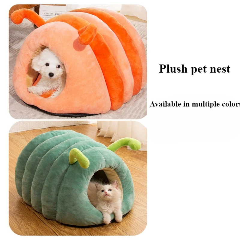 Nid pour animaux de compagnie mignon, lit chaud et doux en peluche pour chat, chenille de dessin animé, maison chaude et épaisse pour chien, pliable et lavable, fournitures pour animaux de compagnie, tente pour chat – Image 4