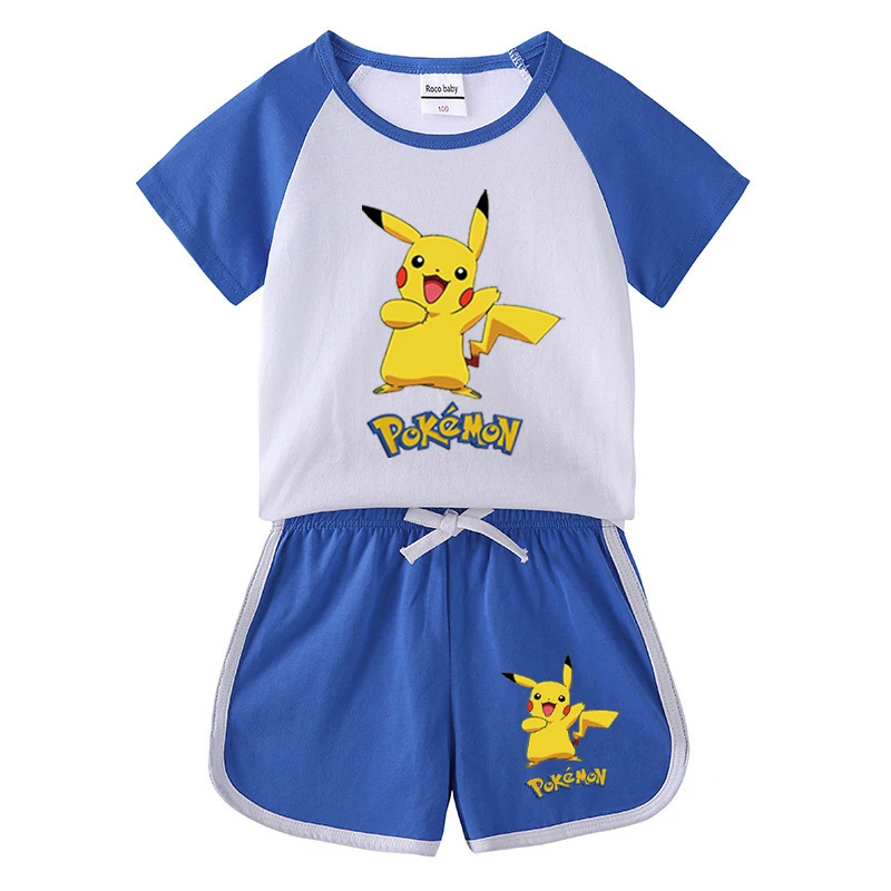 thumbnail image 1 of Camiseta de algodón de Pikachu para niñas y pantalones cortos, conjunto de 2 uds. De ropa de dibujos animados de Pokémon para niños, traje deportivo de la Patrulla Canina para verano, 1 of 5