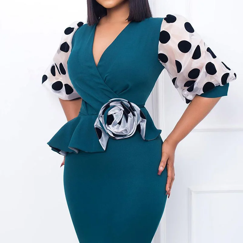 Elegant Plus Size Polka Dot Patchwork Net Yarn Bubble Half Sleeve Midi Dress V-Neck High Waist Pullover Slim Pencil Skirt Women