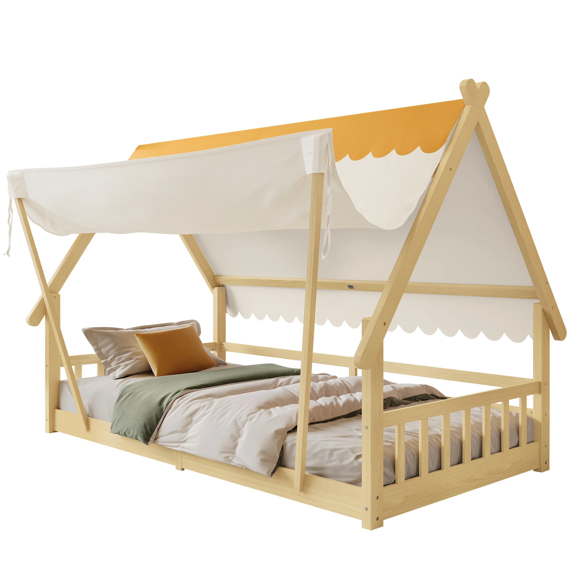 Holzbetten, Kinderbett, Einzelbett, exquisites Holzhaus-Design, das Zelt ist abnehmbar, stabile Lattenroste – Detail 10