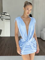 Kliou Ruched Kink Design Mini Dress Woman 2026 Spring New Style Deep V-Neck Sleeveless Skinny Peach Hip Street Elegant Bodycon