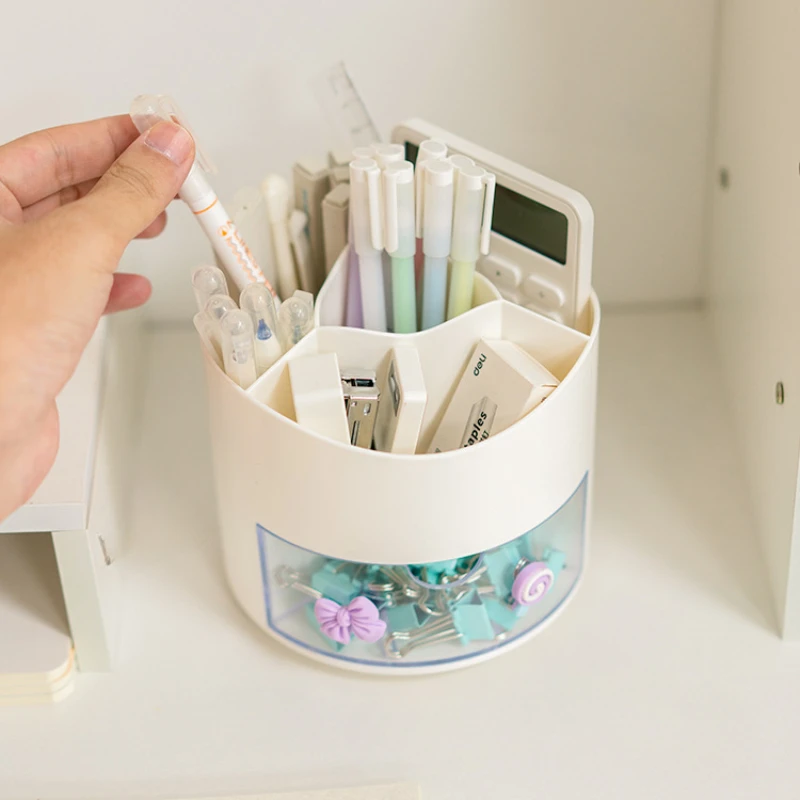 Pen Holder Cute Rotating Desktop Drawer Stationery Box Case School Office Desk Kawaii Storage Box Organizer Stickers