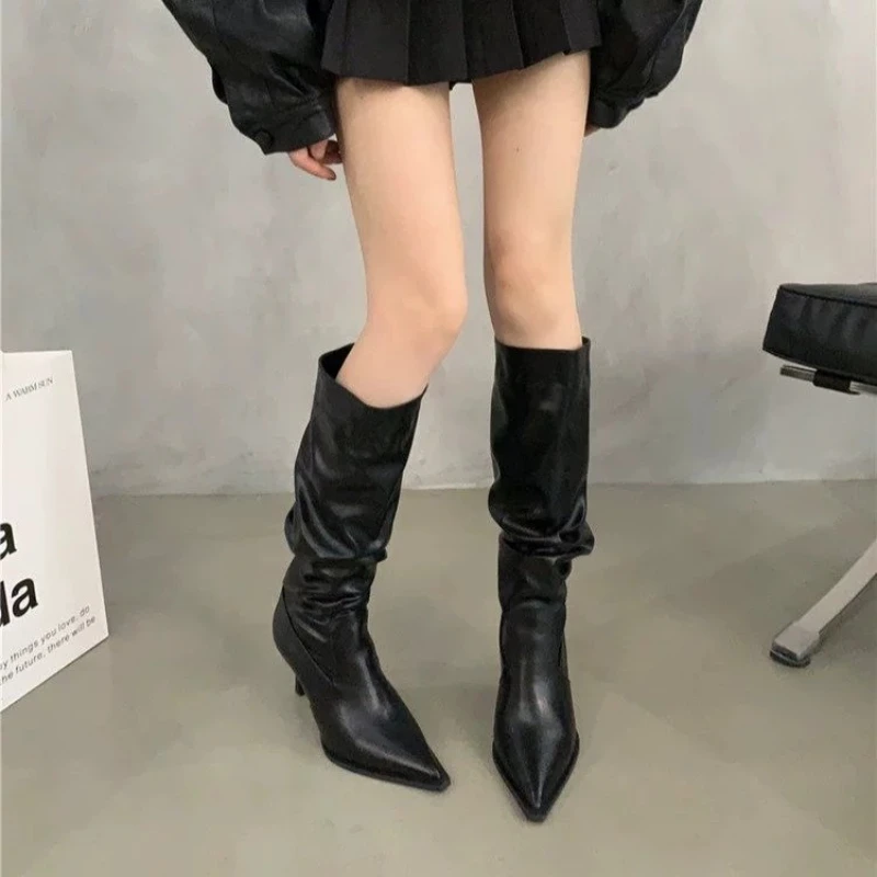 

British Style High Heel Modern Women Boots Knee High Fashion Creases Boots for Women Pointed Toe Slender Heel Trend Women Shoes
