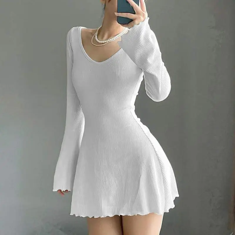 

Knit elegant women's spring and Fall Dress Solid color V-neck office women with irregular hem simple basic slim-fit dress 4XL