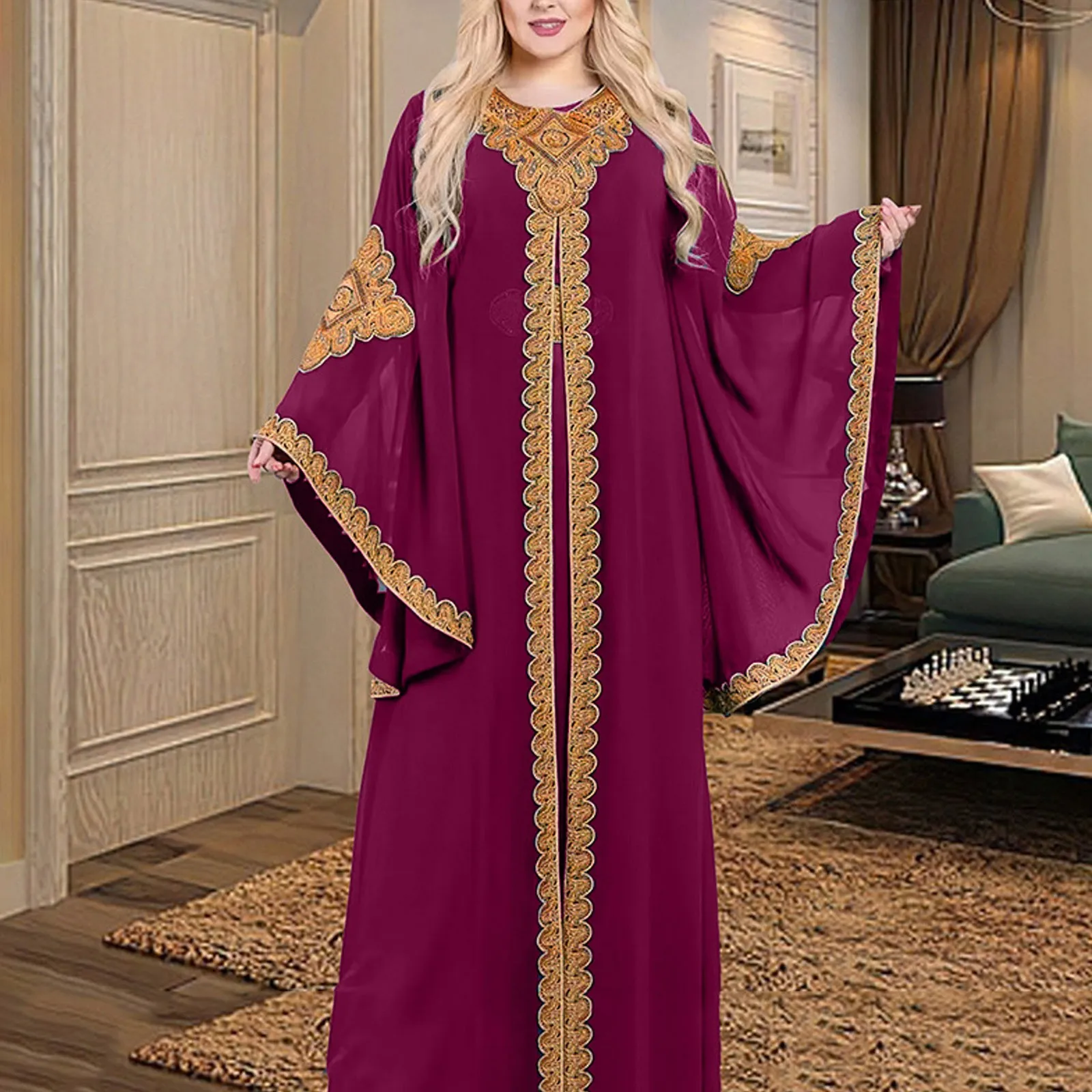 New Satin Striped Jacquard Maxi Dress Women Elegant African Golden Tape Trim Dubai Arab Muslim Abaya Moroccan Kaftan Eid 2024