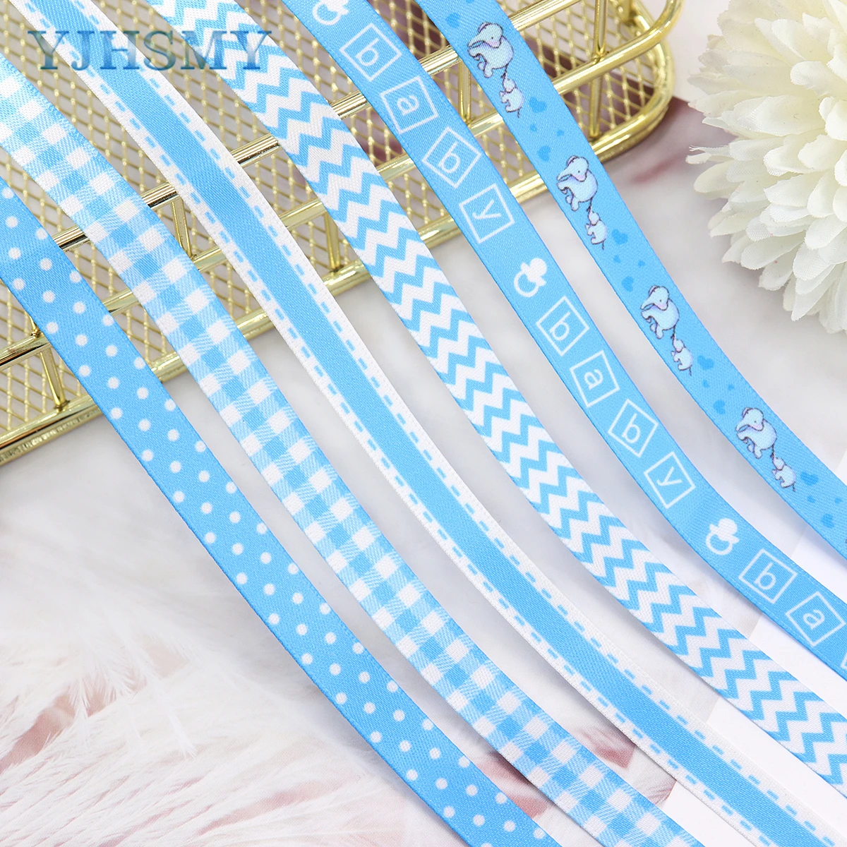 HUIHUANG Baby Blue Ribbon for Baby Shower Its A Boy Blue Ribbon Assorted  Foot Print Elephant Satin Ribbon for Gift Wrapping Crafts Diaper Cake Baby